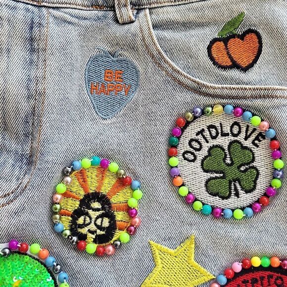 EUC fun rare La Ros women's Emoji smile butterfly love star jean skirt, M - Picture 6 of 10